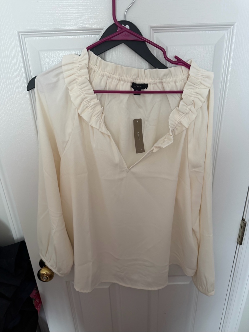 J. Crew Cream Ruffled V-Neck Long-Sleeve Top
